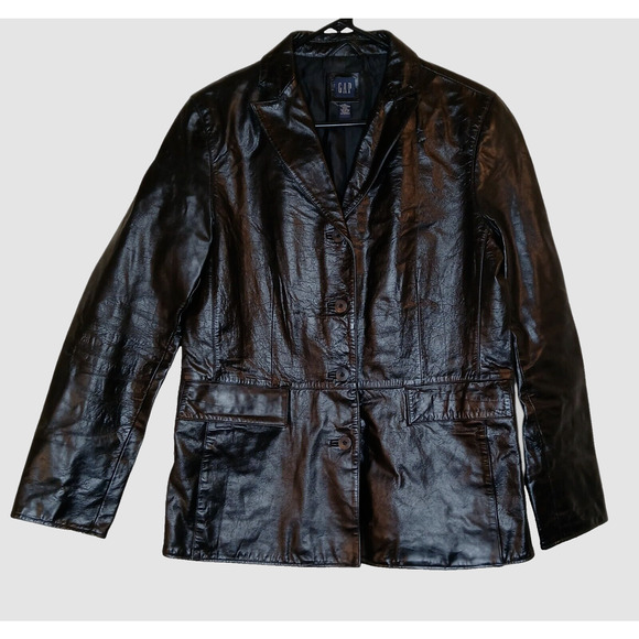 Vintage Gap Womens Medium Genuine Leather Black Jacket Button Up Side Pockets - Picture 10 of 11